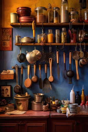 neatly organized kitchen utensils hanging on a wall, created with generative aiの素材