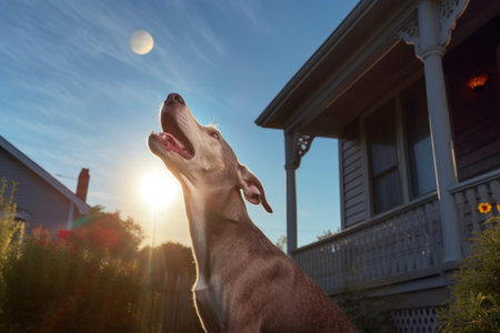 dog howling with eclipsed sun in background, created with generative aiの素材