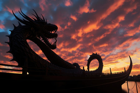 sunset silhouette of a viking ships dragon figurehead, created with generative aiの素材