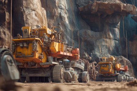 close-up of heavy mining machinery at work in a quarry, created with generative aiの素材