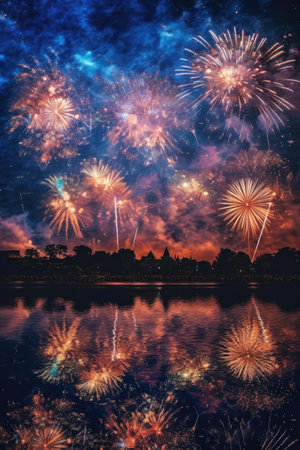 fireworks display illuminating the night sky for nye 2022, created with generative aiの素材