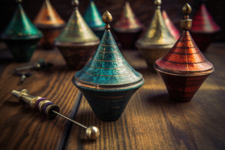 antique spinning tops on a wooden surface, created with generative aiの素材