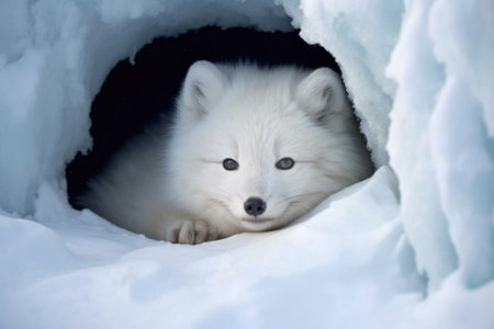 arctic fox curled up in snow-covered den, created with generative aiの素材