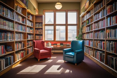library with colorful books on shelves and reading chair, created with generative aiの素材