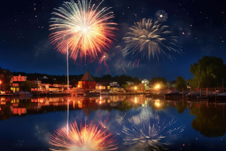 fireworks display with a full moon backdrop, created with generative aiの素材