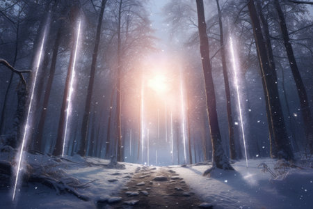 light pillars and snowflakes creating a magical scene, created with generative aiの素材
