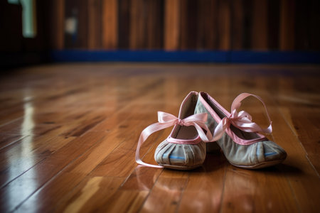close-up of ballet shoes on a wooden floor, created with generative aiの素材