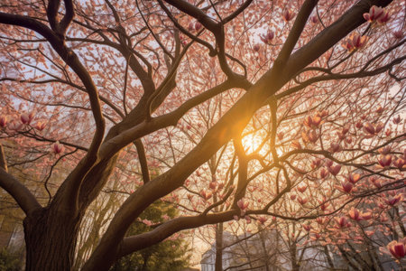sunlight peeking through magnolia tree branches, created with generative aiの素材