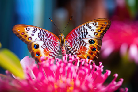 close-up of a colorful butterfly on a vibrant flower, created with generative aiの素材
