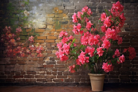 blooming azalea bush against an old brick wall, created with generative aiの素材