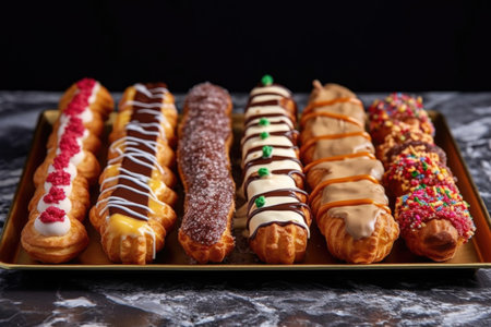 eclairs with various fillings lined up on a tray, created with generative aiの素材