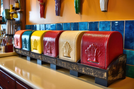 a row of vintage diner napkin dispensers and condiments, created with generative aiの素材