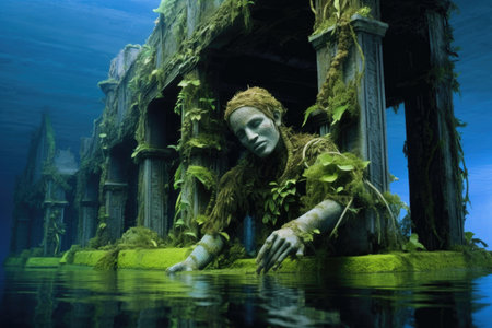 abandoned statue being reclaimed by aquatic plants, created with generative aiの素材