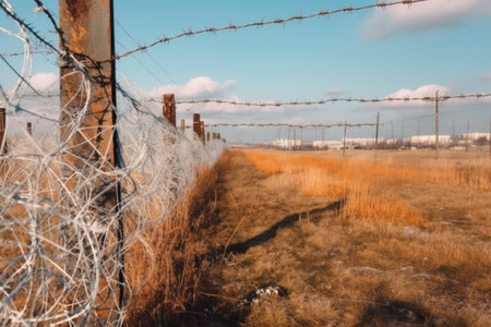 barbed wire fence surrounding a test site, created with generative aiの素材