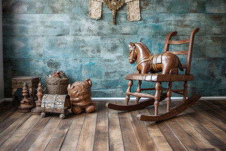 vintage wooden rocking horse on rustic floor, created with generative aiの素材