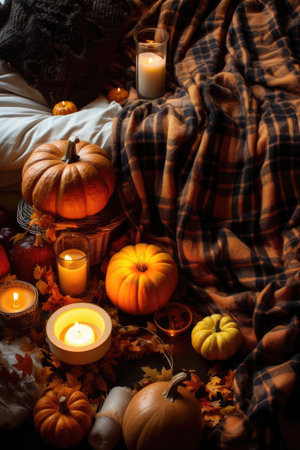 thanksgiving themed flat lay with cozy blanket, candles, and pumpkins, created with generative aiの素材