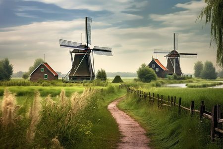 dutch windmills surrounded by lush green farmland, created with generative aiの素材