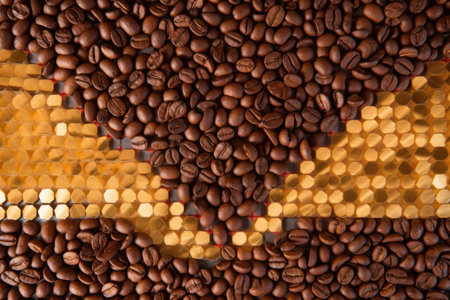 top view of coffee beans in a geometric pattern, created with generative aiの素材