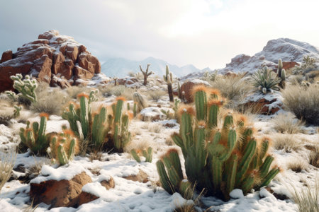cacti covered in snow during a winter desert scene, created with generative aiの素材