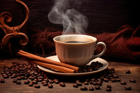 steaming cup of coffee surrounded by roasted beans, created with generative aiの素材