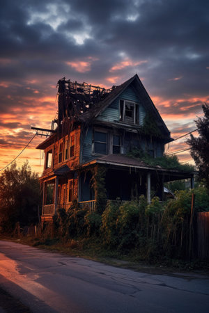 abandoned, haunted-looking house at dusk, created with generative aiの素材
