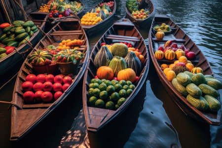 colorful boats filled with fresh fruits and vegetables, created with generative aiの素材
