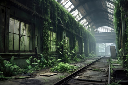 deserted train station covered in ivy, created with generative aiの素材