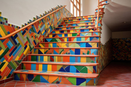 colorful tiled staircase with unique patterns, created with generative aiの素材