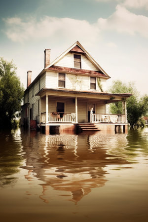 flooded home and floating insurance policy, created with generative aiの素材