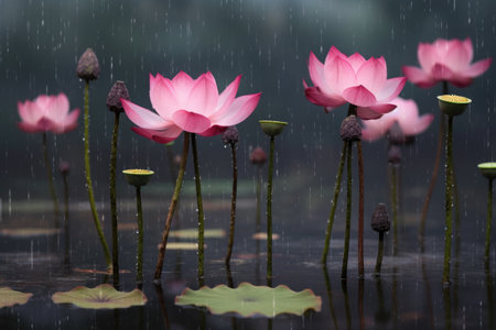 raindrops gently falling on floating lotus flowers in a pond, created with generative aiの素材