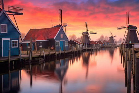 row of colorful dutch windmills at sunset, created with generative aiの素材