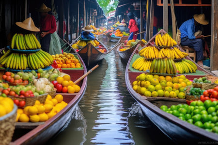 colorful boats filled with fruits and vegetables at a floating market, created with generative aiの素材