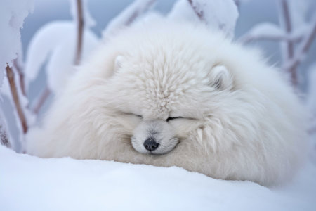 arctic fox curled up in snowy landscape, created with generative aiの素材