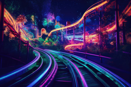 neon-lit roller coaster tracks at night, created with generative aiの素材