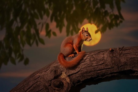 squirrel on tree branch during solar eclipse, created with generative aiの素材