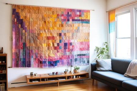 brightly woven tapestry hanging on a wall, created with generative aiの素材