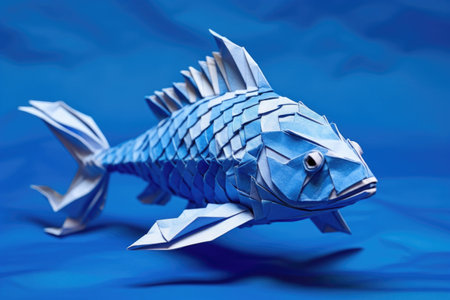 detailed origami koi fish swimming in blue water, created with generative aiの素材