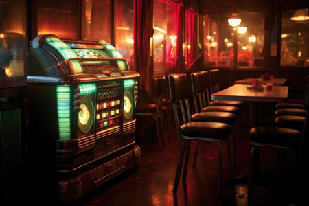 vintage jukebox glowing in a dimly lit diner, created with generative aiの素材
