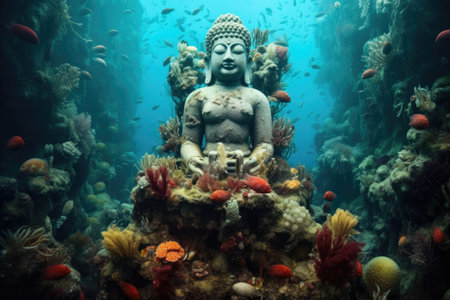 underwater buddha statue surrounded by coral, created with generative aiの素材