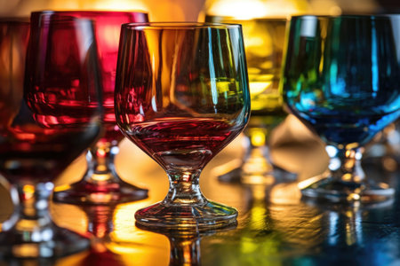 close-up of wine glasses with colorful abstract reflections, created with generative aiの素材