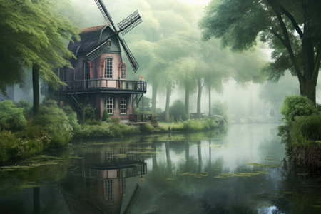windmill reflection on a calm canal, created with generative aiの素材