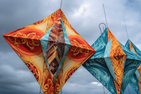 close-up of intricately designed kites against a cloudy sky, created with generative aiの素材