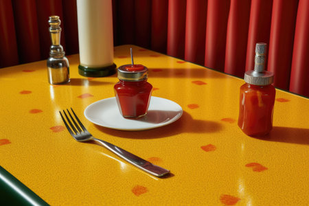 close-up of a diners tabletop with ketchup and mustard, created with generative aiの素材
