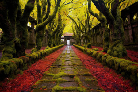 moss-covered stone pathway lined with vibrant japanese maple trees, created with generative aiの素材