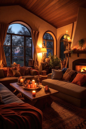 cozy living room with fireplace and warm lighting, created with generative aiの素材