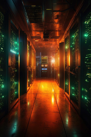 ai server room with glowing lights, created with generative aiの素材