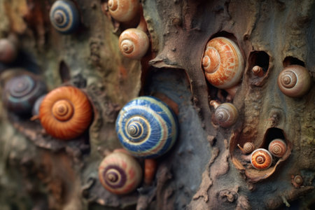 snails tucked away in tree bark crevices, created with generative aiの素材