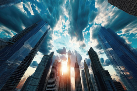 skyscrapers in city skyline with dramatic clouds, created with generative aiの素材