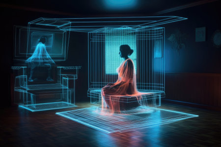 futuristic holographic display in dark room, created with generative aiの素材