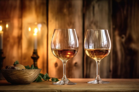 wine glasses on a rustic wooden table with soft lighting, created with generative aiの素材